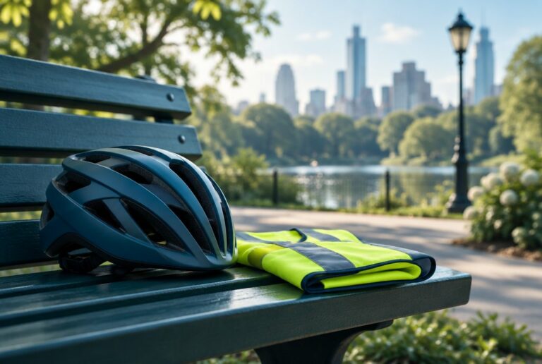 Kask rowerowy i kamizelka odblaskowa na ławce